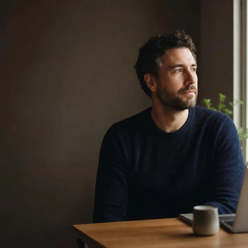 Portrait of the author seated at a desk by a window